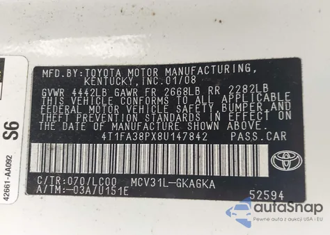 2008 Toyota Camry Solara Sle из США, поврежденный, VIN 4T1FA38PX8U147842